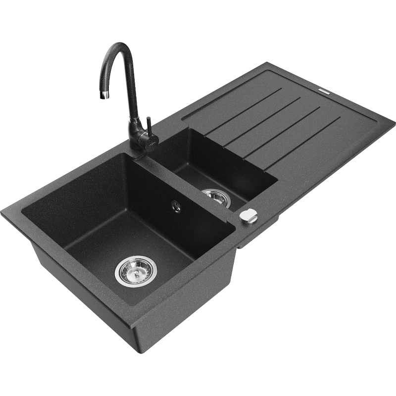 Mexen Andres fregadero de granito de 1,5 senos con escurridor y grifo de cocina Telma, negro moteado - 6515-76-670200-76