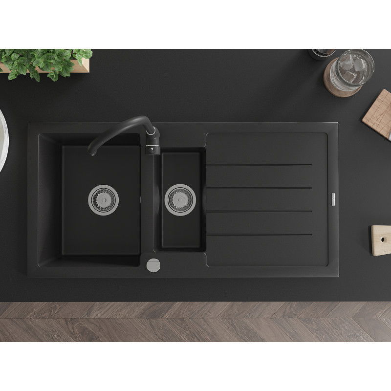 Mexen Andres 1.5-bowl granite sink with drainer and Telma kitchen tap, black - 6515-77-670200-70
