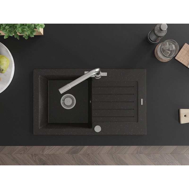 Mexen Pablo granieten gootsteen 1-kamer met afdruiprek en Duero keukenkraan, zwart/goud metallic - 6510-75-671600-00