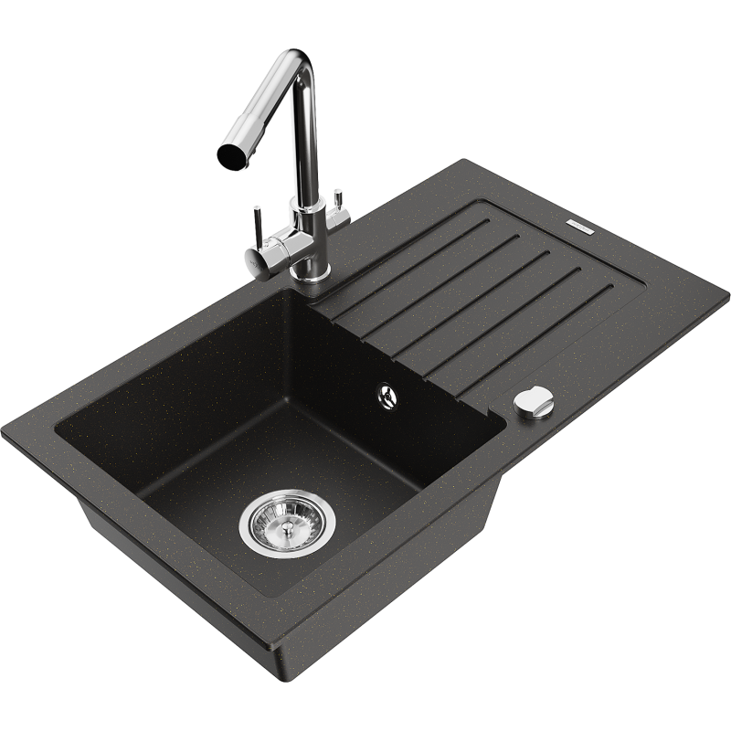 Mexen Pablo évier en granit 1 bac avec égouttoir et robinet de cuisine Duero, noir/or métallique - 6510-75-671600-00