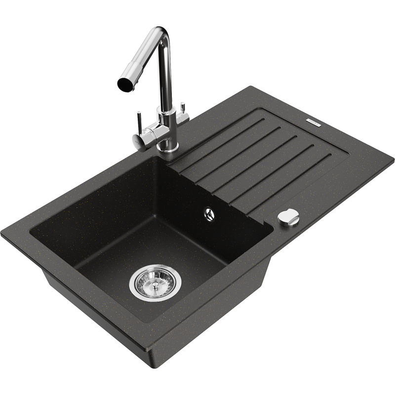 Mexen Pablo lavello in granito a 1 vasca con scolapiatti e rubinetto da cucina Duero, nero/metallo dorato - 6510-75-671600-00