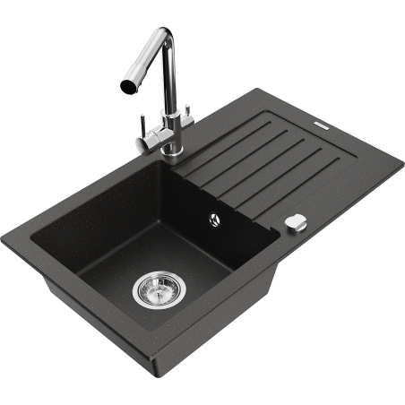 Mexen Pablo granīta izlietne ar vienu kameru, noteces vietu un virtuves jaucējkrānu Duero, melna / zelta metālika