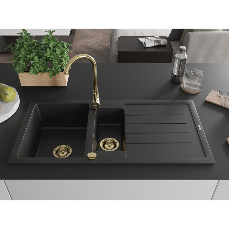 Mexen Andres fregadero de granito de 1,5 senos con escurridor y grifo de cocina Telma, negro - 6515-77-670200-50