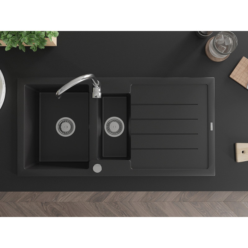 Mexen Andres granite sink 1.5-bowl with drainer and Telma kitchen faucet, black - 6515-77-670200-00