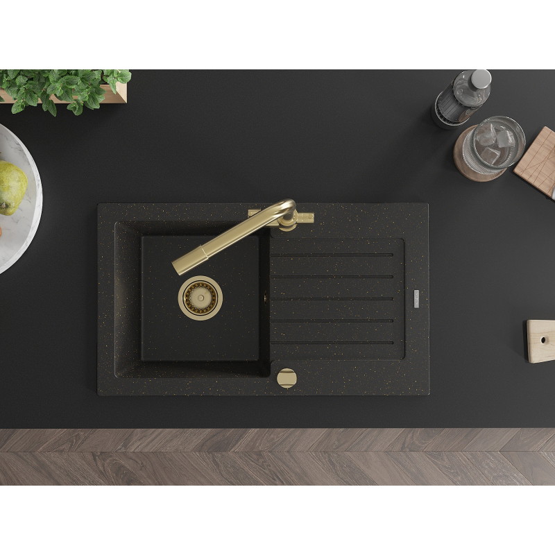 Mexen Pablo 1-komors granieten spoelbak met afdruiprek en keukenkraan Duero, zwart/gouden metallic - 6510-75-671600-50