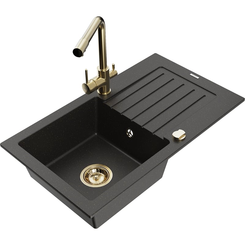 Mexen Pablo granite kitchen sink 1-bowl with drainer and Duero kitchen faucet, black/golden metallic - 6510-75-671600-50
