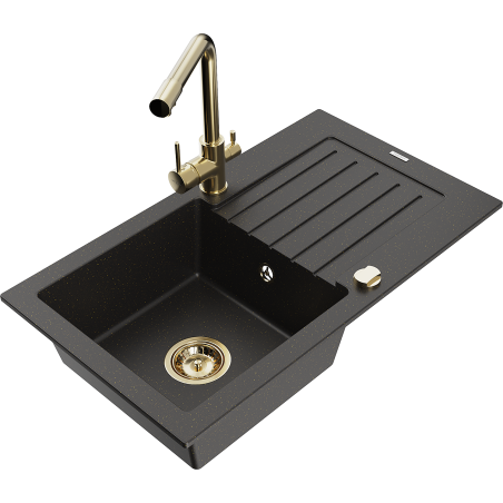 Mexen Pablo granite kitchen sink 1-bowl with drainer and Duero kitchen faucet, black/golden metallic - 6510-75-671600-50