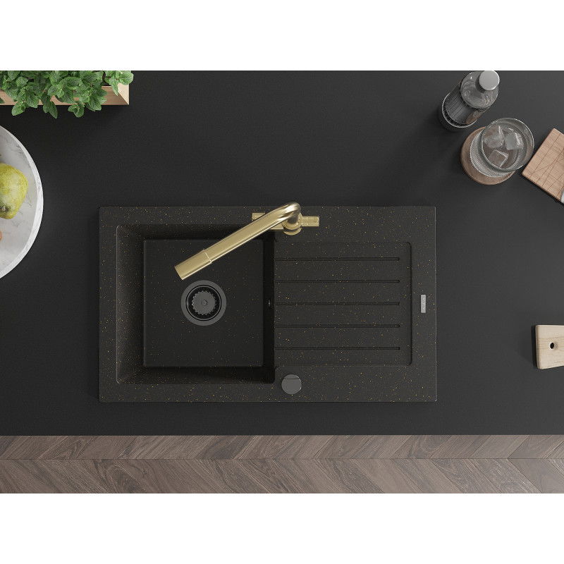 Mexen Pablo granite sink 1-bowl with drainer and Duero kitchen tap, black/gold metallic - 6510-75-671600-50-B