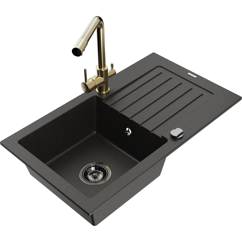 Mexen Pablo fregadero de granito de 1 lavabo con escurridor y grifo de cocina Duero, negro/oro metálico - 6510-75-671600-50-B