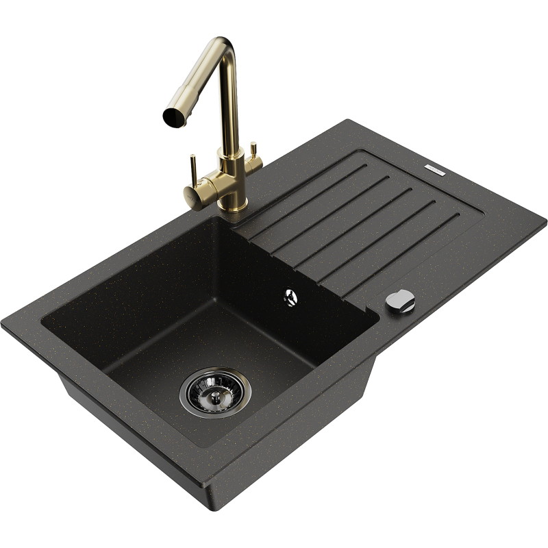 Mexen Pablo granit gootsteen 1-kommer met afdruiprek en keukenkraan Duero, zwart/gouden metallic - 6510-75-671600-50-B