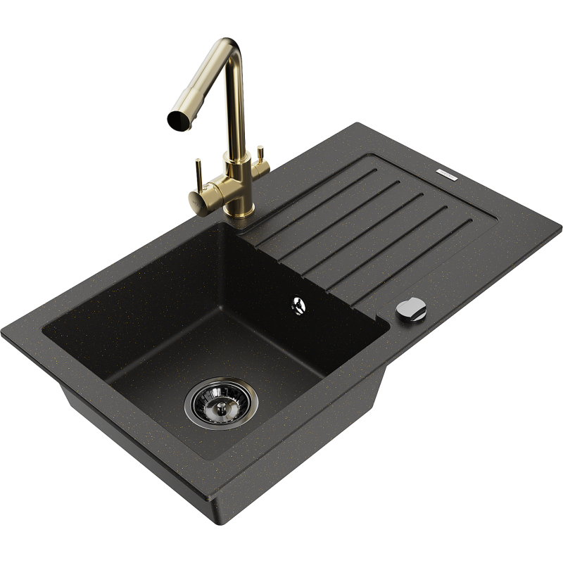 Mexen Pablo lava-loiça em granito de 1 cuba com escorredor e torneira de cozinha Duero, preto/dourado metálico