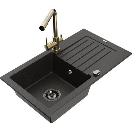 Mexen Pablo fregadero de granito de 1 lavabo con escurridor y grifo de cocina Duero, negro/oro metálico - 6510-75-671600-50-B