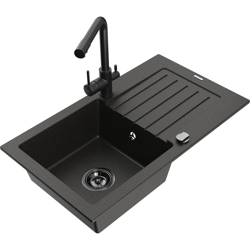 Mexen Pablo granitische spoelbak 1-komorige met afdruiprek en keukenkraan Duero, zwart/gouden metallic - 6510-75-671600-70-B