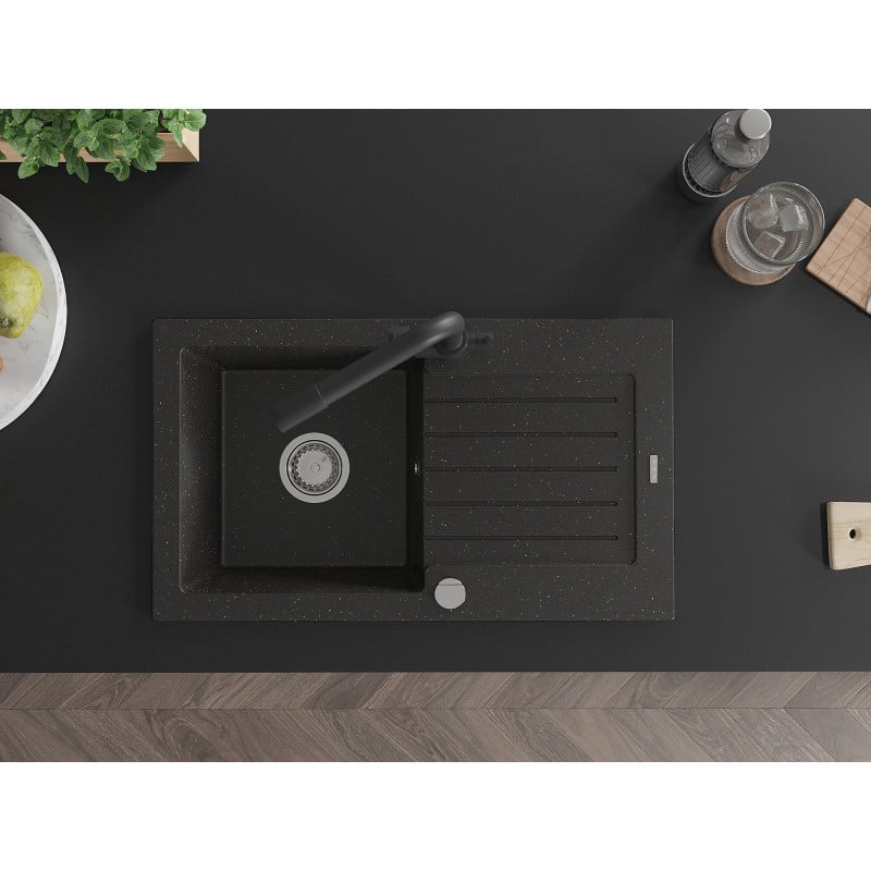 Mexen Pablo Granitspüle 1-beckig mit Abtropffläche und Küchenarmatur Duero, schwarz/goldener Metallic - 6510-75-671600-70
