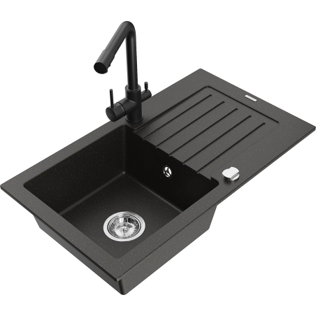 Mexen Pablo 1-bowl granite sink with drainer and Duero kitchen faucet, black/gold metallic - 6510-75-671600-70