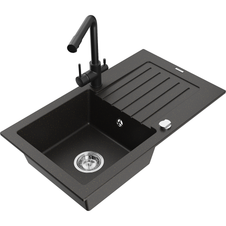 Mexen Pablo granite sink single-bowl with drainer and Duero kitchen tap, black/gold metallic - 6510-75-671600-70