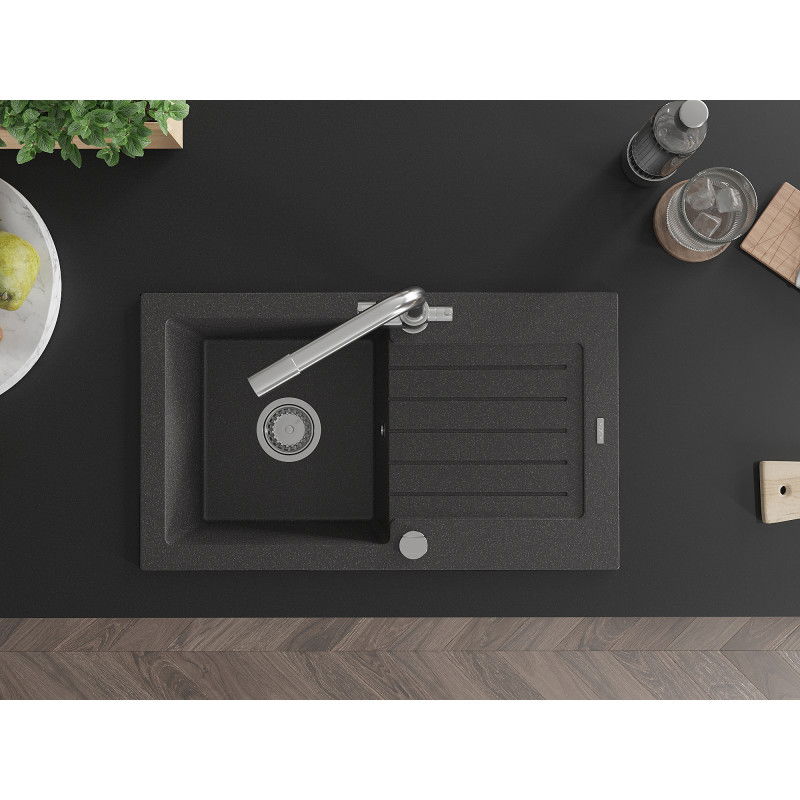 Mexen Pablo lava-loiça de granito de 1 cuba com escorredor e torneira de cozinha Duero, preto salpicado - 6510-76-671600-00