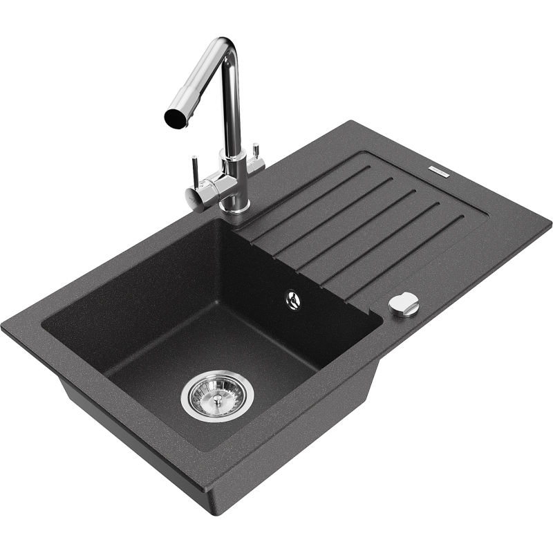 Mexen Pablo granite kitchen sink 1-bowl with drainer and Duero kitchen tap, speckled black - 6510-76-671600-00