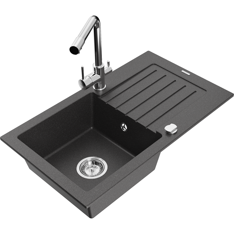 Mexen Pablo lava-loiça de granito de 1 cuba com escorredor e torneira de cozinha Duero, preto salpicado - 6510-76-671600-00