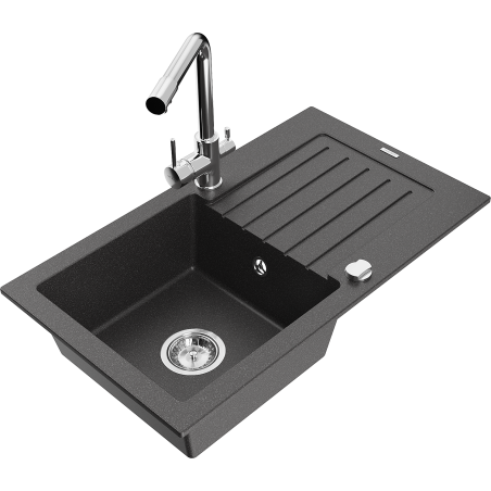 Mexen Pablo granite sink 1-bowl with drainer and kitchen faucet Duero, black speckled - 6510-76-671600-00