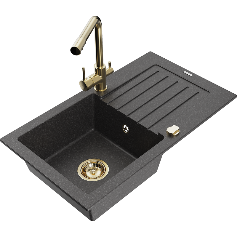 Mexen Pablo fregadero de granito de 1 seno con escurridor y grifo de cocina Duero, negro moteado - 6510-76-671600-50