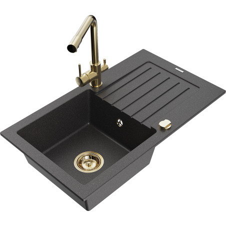 Mexen Pablo granitais izlietne ar vienu nodalījumu, notekas un virtuves jaucējkrānu Duero, melna ar plankumiem