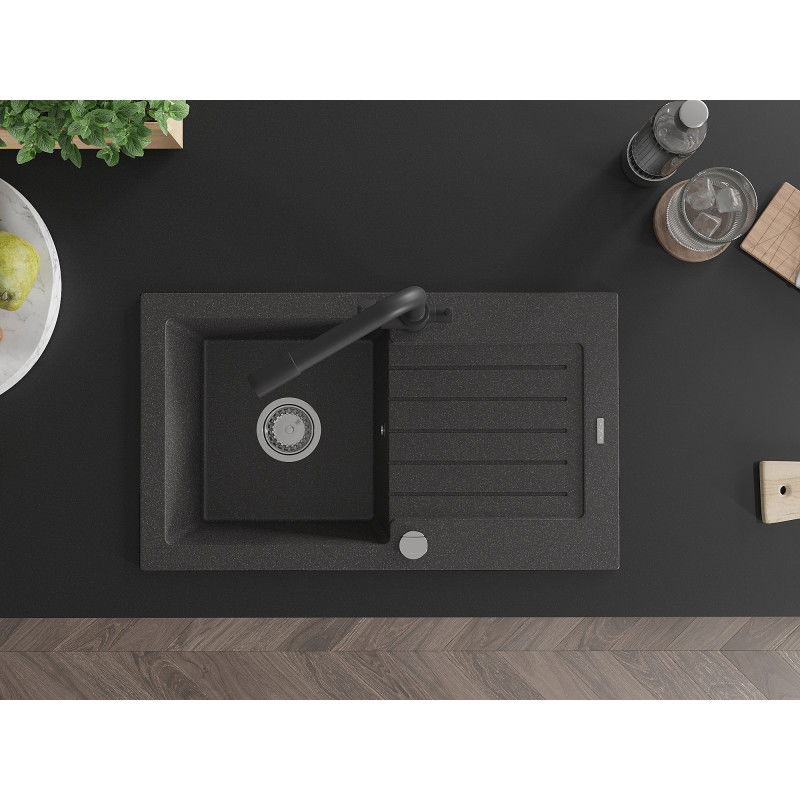 Mexen Pablo granitno pomivalno korito z 1 komoro z odcejalnikom in kuhinjsko pipo Duero, črno pikčasto - 6510-76-671600-70
