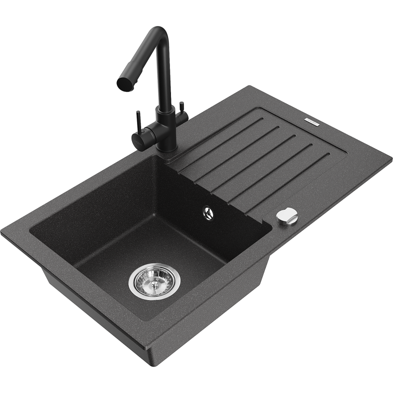 Mexen Pablo 1-bowl granite sink with drainer and Duero kitchen tap, black speckled - 6510-76-671600-70
