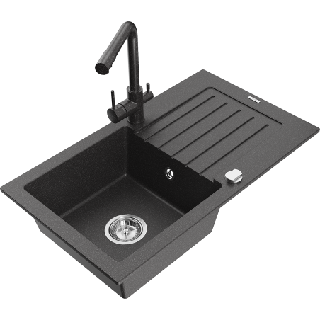 Mexen Pablo Granite Sink 1-Bowl with Drainer and Duero Kitchen Tap, Speckled Black - 6510-76-671600-76