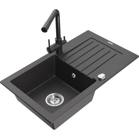 Mexen Pablo lavello in granito ad una vasca con scolapiatti e rubinetto da cucina Duero, nero maculato - 6510-76-671600-76