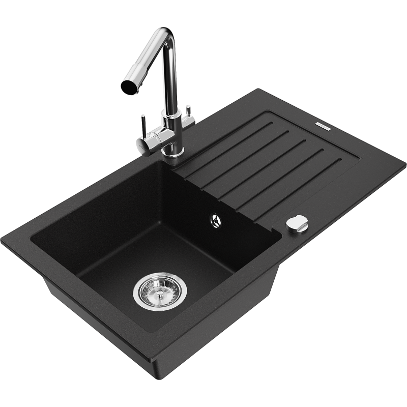 Mexen Pablo granite sink 1-bowl with drainer and Duero kitchen tap, black - 6510-77-671600-00