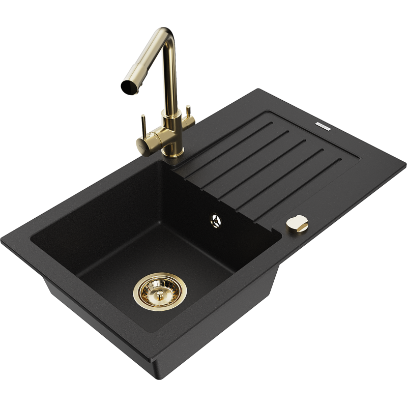Mexen Pablo graniittinen 1-allasinen tiskiallas valutelineellä ja keittiöhanalla Duero, musta - 6510-77-671600-50