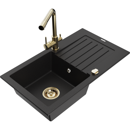 Mexen Pablo granite kitchen sink 1-bowl with drainer and Duero kitchen tap, black - 6510-77-671600-50
