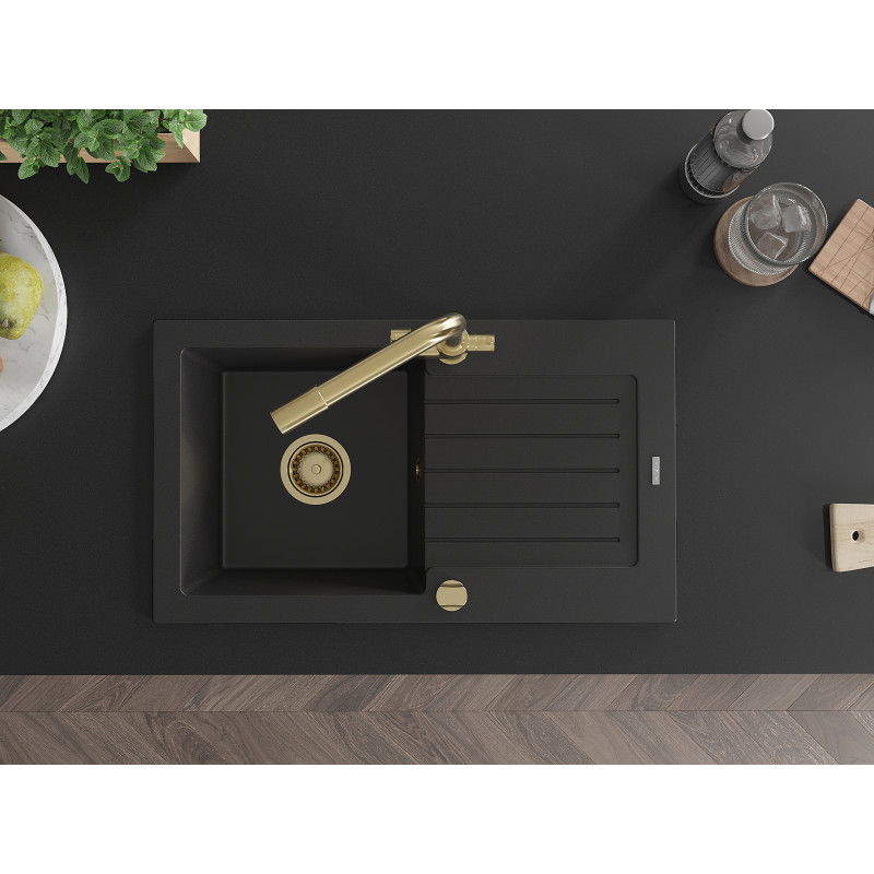 Mexen Pablo fregadero de granito de 1 seno con escurridor y grifo de cocina Duero, negro - 6510-77-671600-50