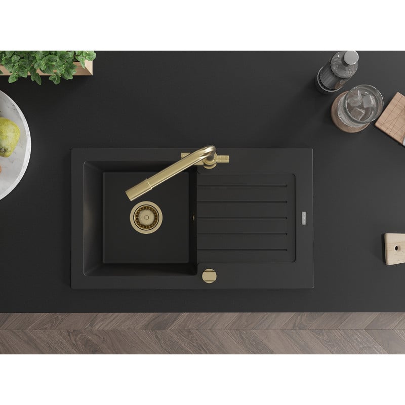 Mexen Pablo graniittinen 1-allasinen tiskiallas valutelineellä ja keittiöhanalla Duero, musta - 6510-77-671600-50