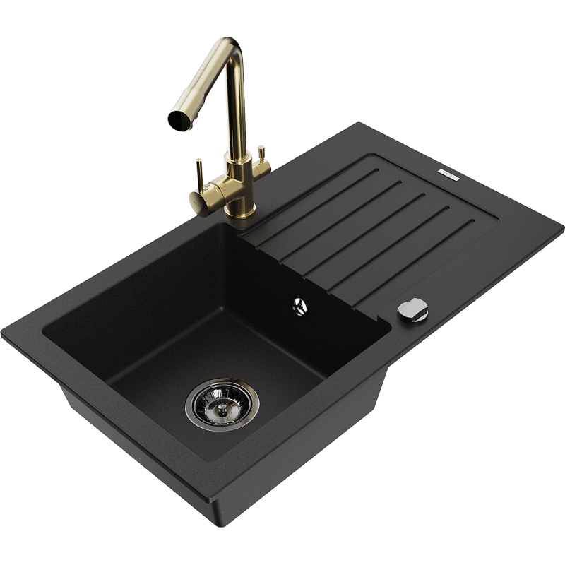 Mexen Pablo 1-bowl granite sink with drainer and Duero kitchen tap, black - 6510-77-671600-50-B