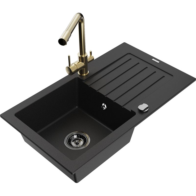 Mexen Pablo fregadero de granito de 1 cubeta con escurridor y grifo de cocina Duero, negro - 6510-77-671600-50-B