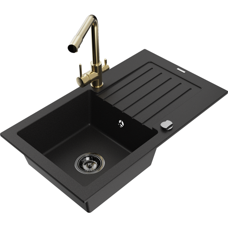 Mexen Pablo granite kitchen sink 1-bowl with drainer and Duero kitchen faucet, black - 6510-77-671600-50-B