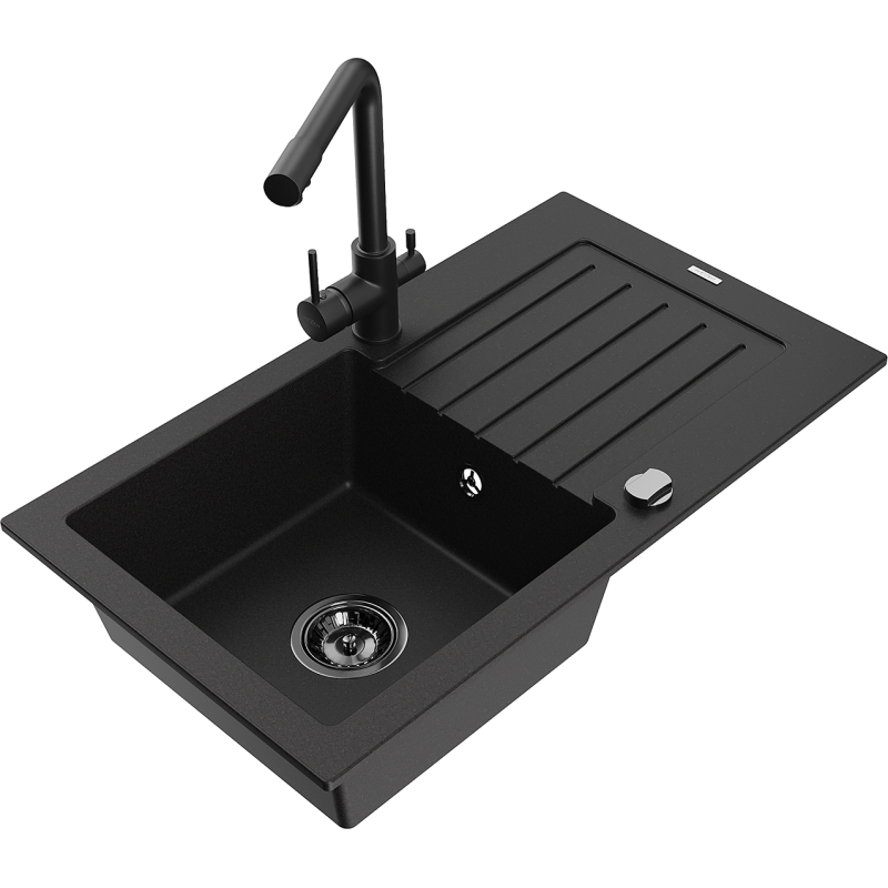 Mexen Pablo lavello in granito monocamera con scolapiatti e rubinetto da cucina Duero, nero - 6510-77-671600-70-B