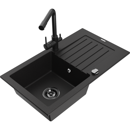 Mexen Pablo granite sink 1-bowl with drainer and Duero kitchen tap, black - 6510-77-671600-70-B