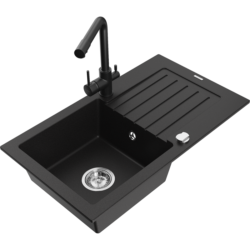 Mexen Pablo fregadero de granito de 1 seno con escurridor y grifo de cocina Duero, negro - 6510-77-671600-70