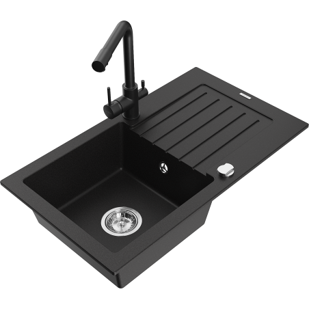 Mexen Pablo granite sink, 1-bowl with drainer and Duero kitchen tap, black - 6510-77-671600-70