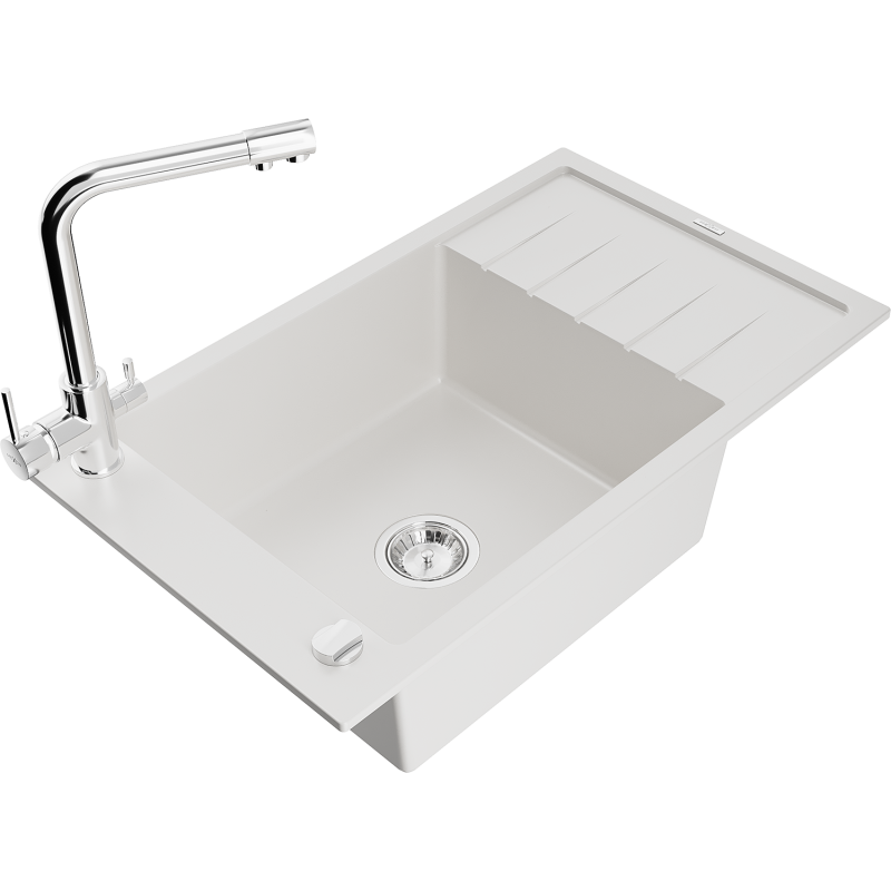 Mexen Elias granieten gootsteen met 1 kom, afdruiprek en keukenmengkraan Duero, wit - 6511-20-671600-00