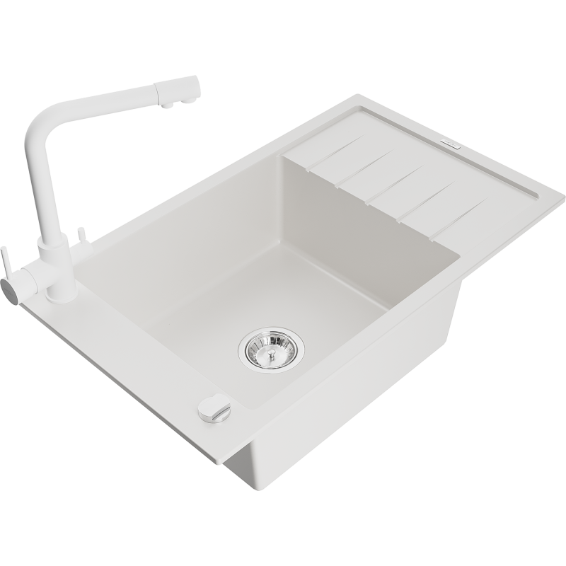 Mexen Elias fregadero de granito de 1 cubeta con escurridor y grifo de cocina Duero, blanco - 6511-20-671600-20