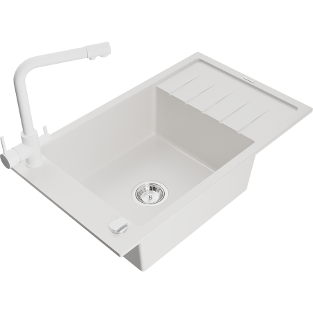 Mexen Elias fregadero de granito de 1 cubeta con escurridor y grifo de cocina Duero, blanco - 6511-20-671600-20