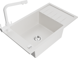 Mexen Elias granite kitchen sink 1-bowl with drainer and Duero kitchen faucet, white - 6511-20-671600-20