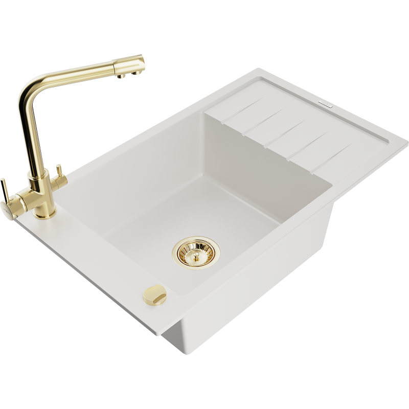 Mexen Elias 1-bowl granite sink with drainer and Duero kitchen tap, white - 6511-20-671600-50