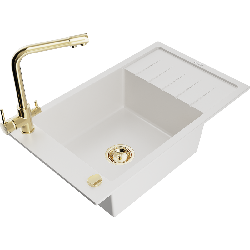 Mexen Elias fregadero de granito de 1 cubeta con escurridor y grifo de cocina Duero, blanco - 6511-20-671600-50