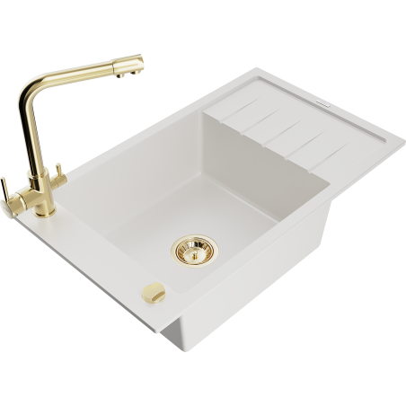 Mexen Elias fregadero de granito de 1 cubeta con escurridor y grifo de cocina Duero, blanco - 6511-20-671600-50