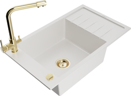 Mexen Elias fregadero de granito de 1 cubeta con escurridor y grifo de cocina Duero, blanco - 6511-20-671600-50